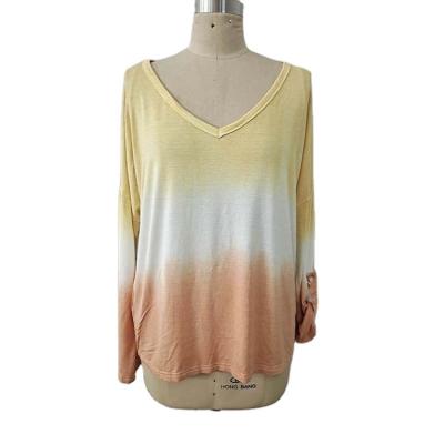 China Fashion Breathable Wholesale Custom Women's Long Sleeve T-shirts Rayon Two Color Dye Sleeve Buckle Hanging Casual Adjustable Ladies Top for sale