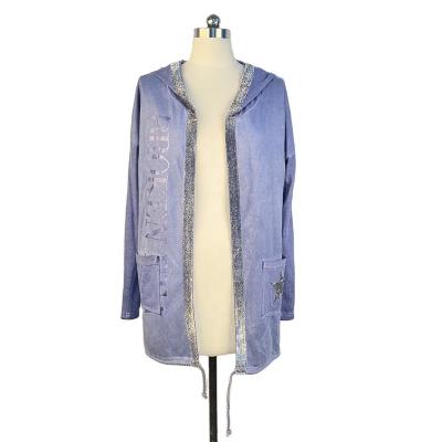 China Anti-wrinkle Ladies Fashion Tie Dye Fried Color Letter Printing Sequin Embroidered Edge Drawstring Casual Loose Hooded Cardigan Jacket for sale