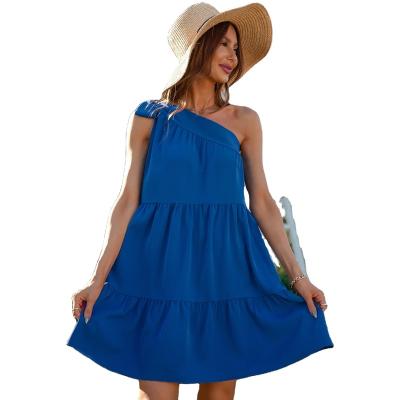 China 2022 Summer One Shoulder Simple Solid Chiffon Ruffle Breathable Fashion Ladies Girls Dresses Casual Sexy Women's Dresses for sale