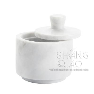 China Viable White Marble Salt Box Spice Jar Salt Keeper Pepper Canister Salt Cellar for sale