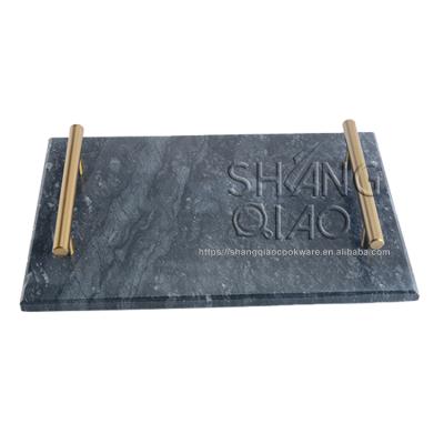 China Viable Natural Black Rectangular Marble Tray with Gold Metal Handles for Kitchen, Bathroom and Coffeeshop for sale