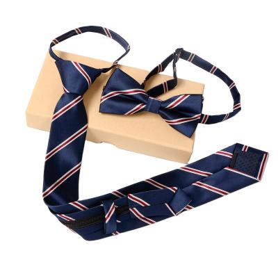 China 100% Handmade Mens Ties Set Blue Striped 100% Polyester Selftie Bow Tie Set for sale