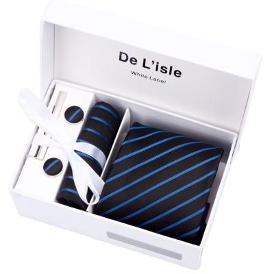 China 100% Polyester Handmade Wholesale Jacquard Ties Handkerchief Cufflink Striped 100% Ties Set Gift Box Custom Logo for sale