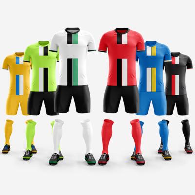 China Wholesale Quick Dry Football Sets Custom Black Stripe Kids Men Best Print Football Yellow Blue Orange Red Orange Team Kits for sale