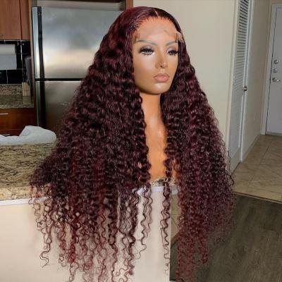 China Deep Wave 99J Burgundy Lace Front Wigs 5x5 Deep Transparent Closure Wigs With Pre Pluck Brazilian Lace Front Hair Wigs for sale