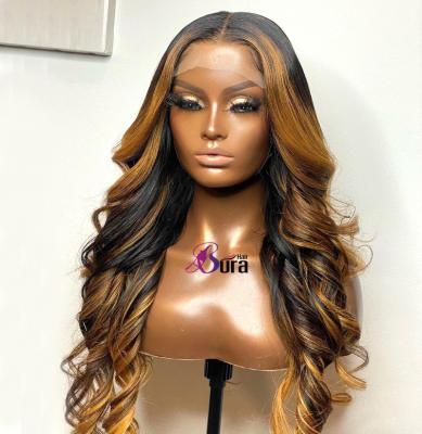 China Lace Front Human Hair Wigs Body Wave Honey Brown Highlight Human Hair Loose Wave Transparent Lace Wigs for sale