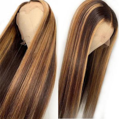 China 13*6 Wave Lace Front Wigs Silky Straight Honey Brown Blonde Highlight Color Hair Transparent Wigs Straight Lace Front Wigs for sale