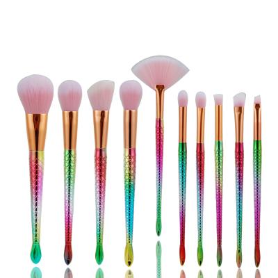 China Angular Blush 2021 10 Pcs Professional Synthetic Hair Foundation Powder Blush Brushes Mermaid Handle Private Label Makeup Cosmetic Set Brushes for sale