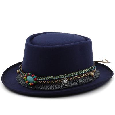 China Wholesale Picture Fashion Design Wool Felt Fedora Hats With Belt Women Autumn Cowboy Dress Style Wide Brim Woolen Fedora Hats for sale