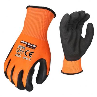 China Flexible Black Latex Foam Coated 13g Polyester Rugged Orange Shell Comfortable Wear Work Gloves for sale