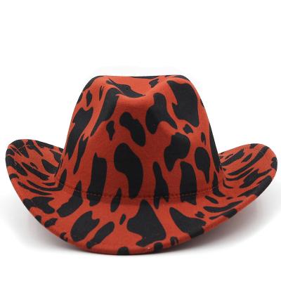 China Double Side Cow Print Casual Wool Felt Cowboy Hat Roll Up Brim Fedora Hats for sale