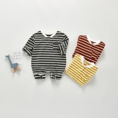 China New Design Cotton Autumn Snap Button Jumpsuit Fashion Boys Turn-Down Striped 100% Infant Romper Hot Cool Newborn Collar Romper for sale