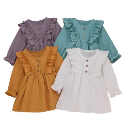 China 2021 Fashion Long Sleeve Autumn Style Baby Dress Girls Breathable Canvas Dress Ruffle Cotton Babies Dresses for sale