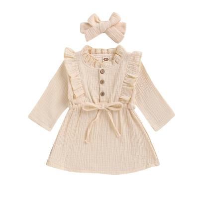 China 2020 Hot Sale Kids Clothing Baby Girl Dress Breathable Long Sleeve Ruffle Dresses With Headband Pure Color Canvas Dresses for sale