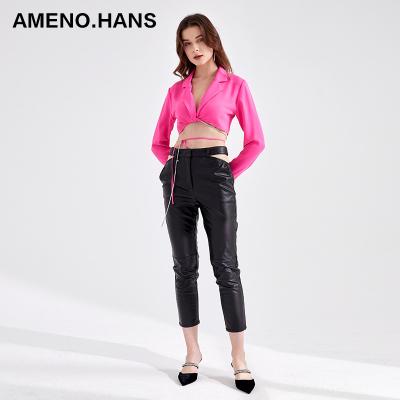 China Anti-Wrinkle Unique PU Leather Sexy Pants For Women Springs Belt Long Pants PU for sale