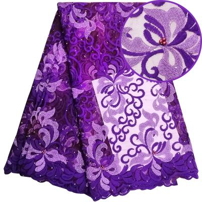 China 2021 French Handwork Sequins Lace Fabrics Nigerian Handmade 5 Yards Net Lace Purple SH023-7 for sale