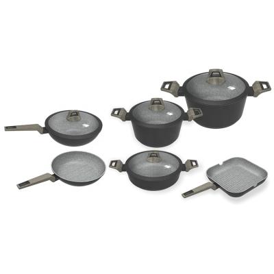 China OEM Viable 10pcs Non Cast Aluminum Stick Cookware Set with Wooden Soft Touch Bakelite Stay-Cool Handle and Lid for sale