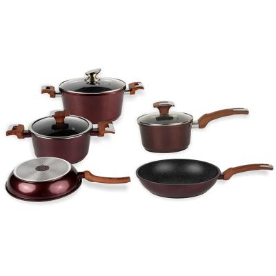 China Home Kitchen 8pcs Sustainable Aluminum Marble Stick Unset Cookware with Silicone Lid and Induction Glass Base for sale