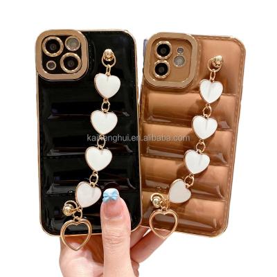 China 2022 shockproof new design fashion 6D leather plating love heart wrist strap phone chain case for iphone 11 pro max for sale