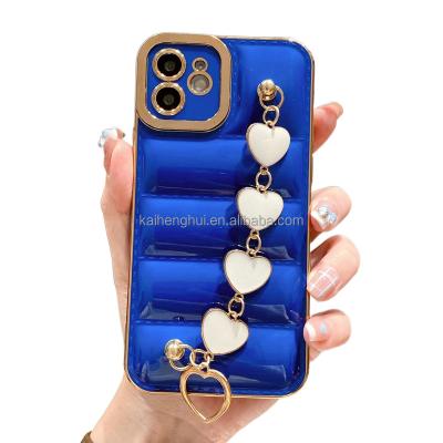 China Fashion Shockproof Design 6D Leather Plating Love Heart Wrist Strap Chain Phone Case For iPhone 13 for sale