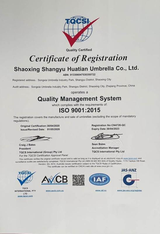 ISO9001 - Shaoxing Shangyu Huatian Umbrella Co., Ltd.