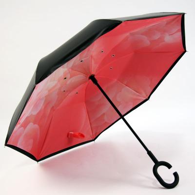 China Minimalist Custom Printed Double Layer C Handle Reverse Inverted Umbrella Upside Down for sale