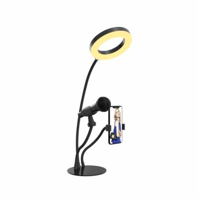 China New Rotatable Led Live Broadcast Lamp Phone Holder Microphone Stand 3 in 1 Desk Stand Led Fill Ring Light with Metal Base for sale