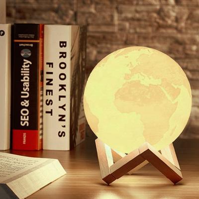 China Color Changing / Custom Simple Touch Switch / Sensor Color Earth Night Light Bedroom Table Led Moon Lamp With Wood Base for sale