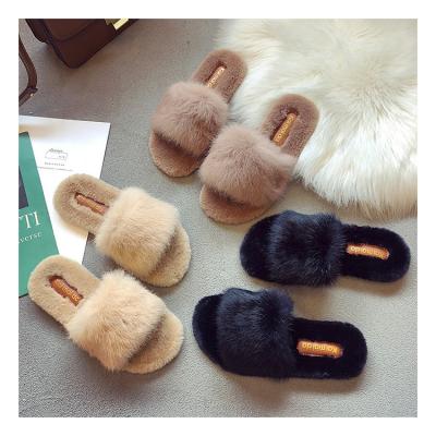 China Wholesale Colorful Rabbit Damping Slides Lovely Plush Fluffy Slippers Women Real Fox Hair Slides Furry Flip Flops Women Sandals for sale