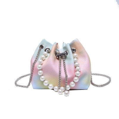 China Fashion Rainbow Pearl Chain Woman Silver Chain PU Leather Cross - Body Handbag Bucket Luxury Designer Set for sale