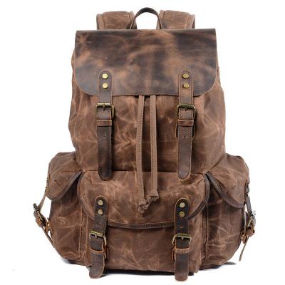 China With USB Backpack Backpack Computer Travel Retro Bag Waxed Canvas Water Repellent With Crazy Horse Leather Bag for sale