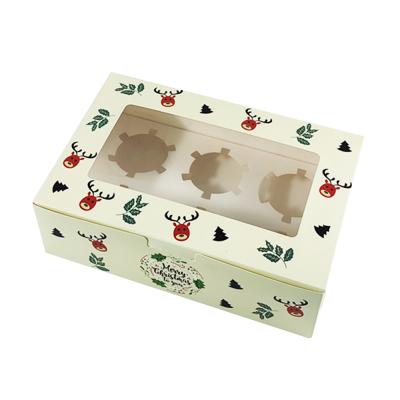 China Cheapest Eco-friendly Recyclable Custom Christmas Cupcake Packaging Box With Clear Window Foldable Box And 6 Cavities for sale