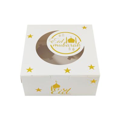 China Recyclable Eid Mubarak Festival Cake Candy Box Container 4 Hole Paper Gift Box Packaging For Cupcake With Clear Window for sale