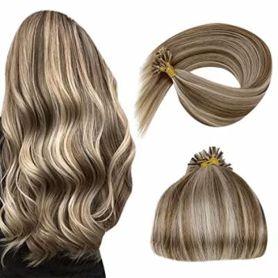 China Silky Straight Wave U Tip Hair Extensions Remy Human Hair Brown U Tip Hair Balayage Medium Brown To Light Brown And Blonde Pre Bonded U Tips for sale