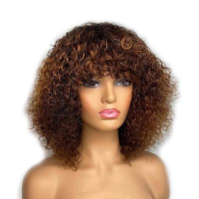 China Jerry Curl 12A Jerry Curly Human Hair Wigs With Full Bangs Machine Made Wigs Highlight Women Peruvian Remy Honey Blonde Colored Wigs For for sale