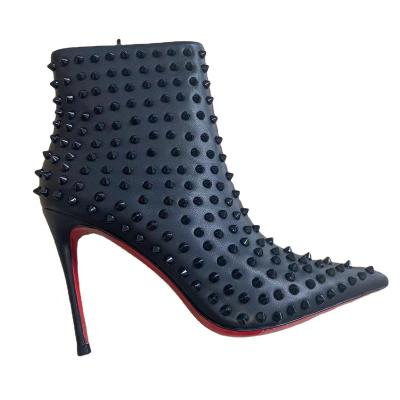 China Luxury women massage rivets red bottom boot plus size thin high heel wholesale rejects cow upper leather shoe factory 35-48 for sale