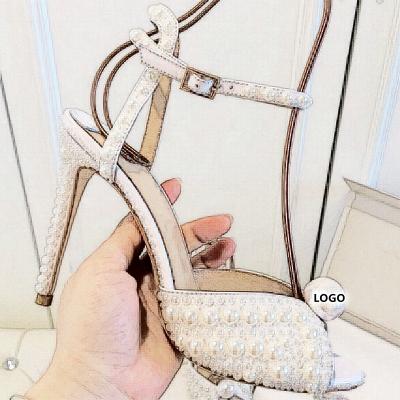 China Fashion Trend Customize Women's 10.5cm Thin Heel Sandal With Beads Wedding Shoes For Brides Sandals OEM Factory for sale