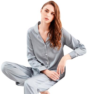 China Breathable Comfortable Two-Piece Turn-Down Satin Collar Long Sleeve Sleepwear Set Silk Pajamas For Ladies for sale