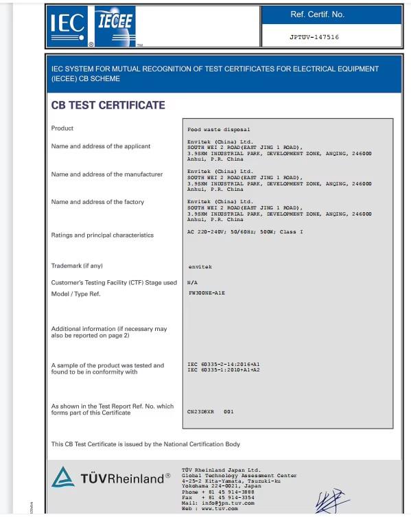 Product Certificate CB - Envitek(China)Ltd.