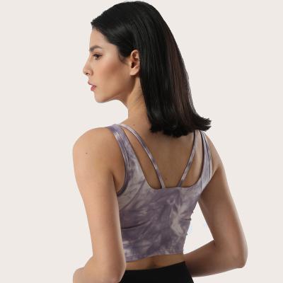 China Breathable Factory Supply Simple Color Tie and Dye Fittings Stretching Ladies V-Neck Yoga Sets Nylon Spandex Sleeveless Sports Bra for sale