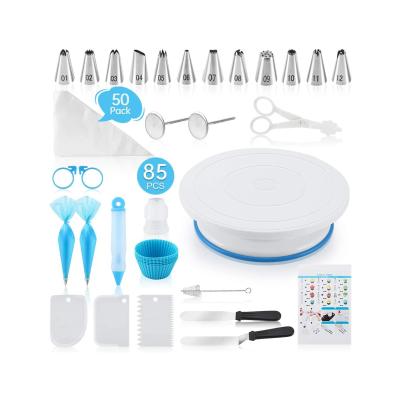 China 2021 Best Selling Viable Amazon Cake Decorating Kit 85PCs Cake Decorating Factory With Non Slip Base Cake Turntable for sale