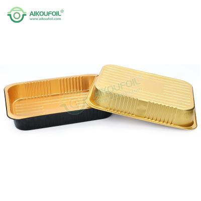 China Disposable Aikou Sale Bakery Takeaway Use Fast Food Black&Gold Microwave Hot Container Aluminum Foil Non-Stick Steamer Trays Mold for sale