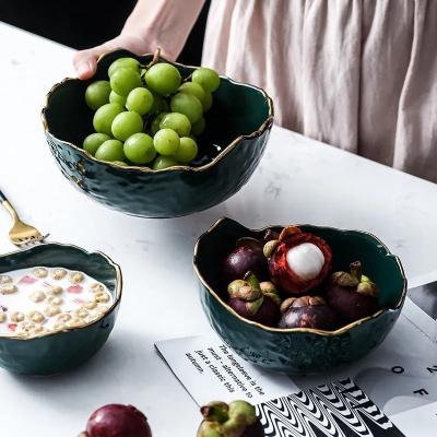 China Gold Rim Luxury Ceramic Mixing Bowls Stocked Irregular Tableware Dinnerware Salad Fruit Bowl Set for sale