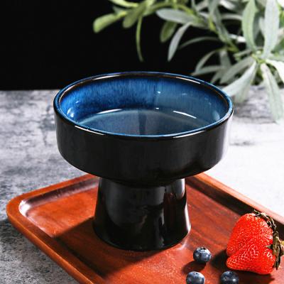 China Stored Restaurant Decor Dinnerware Dark Blue Glazed Ceramic Fruit Bowl With Stand for sale