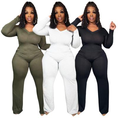 China Solid Black Wholesale Viable Plus Size Jumpsuits For Women V Neckline Plus Size Overalls And Rompers Womens Clothing for sale