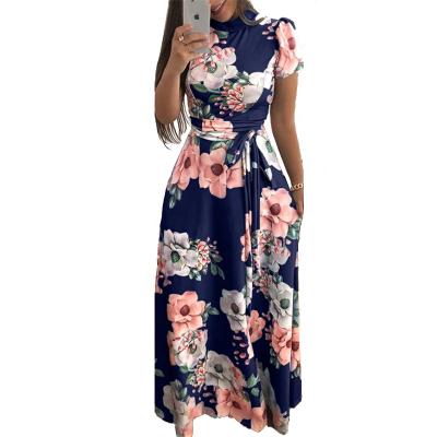 China Breathable Women Fashion Flower Printing Short Sleeve Maxi Stand Dress Lace Up Dress for sale