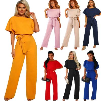 China Summer QUICK DRY Ladies Short Sleeve Elegant One Piece Belt Pants Casual Women Overalls for sale