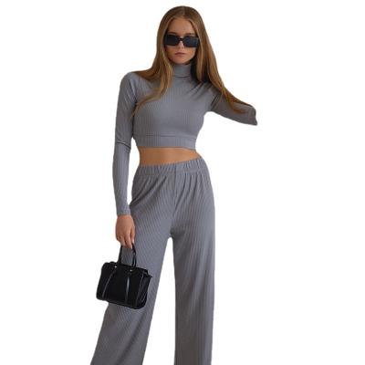 China New Autumn Fashion Women Breathable Clothing Two Piece Set Long Sleeve High Neck Wide Leg Pants Suit for sale