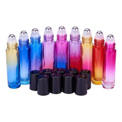 China Personal Skin Care Packaging 10ml Glass Roll Bottles Roll On Bottle Gradient Color For Essential Oils Perfume With Black Plastic Cap for sale