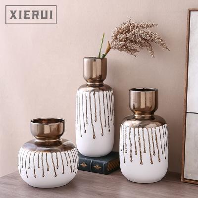 China Modern Minimalist Hotel Living Room Metal Gold Flower Vase Nordic Colorful Ceramic Vase Set For Home Decor for sale